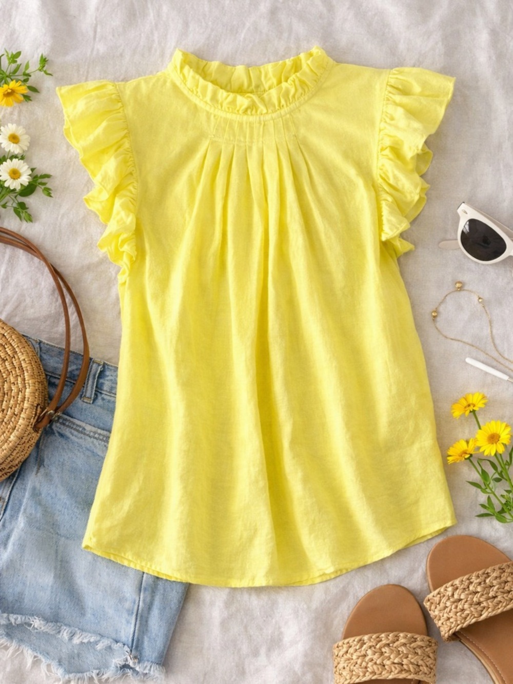 Yellow Ruffle Sleeve Blouse - Lightweight Summer Top